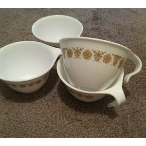 4 Corelle Gold Butterfly Stackable Hook Handle Mugs Cup Retired Corning USA